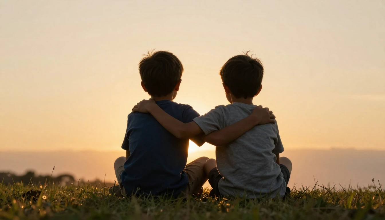 Two young boys sitting on a grassy hill, looking at a beauti...