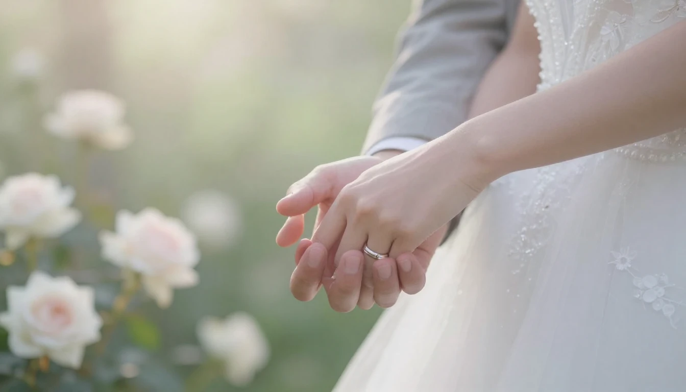 A close-up, romantic artistic composition of a bride and gro...
