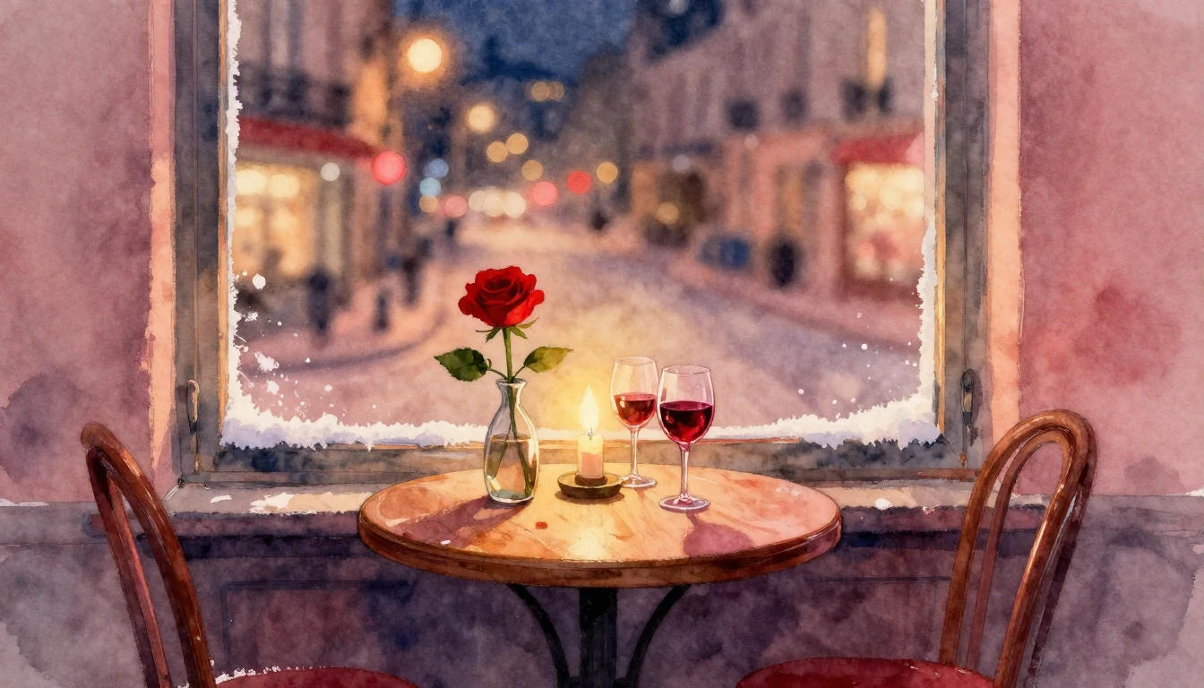 A romantic watercolor painting of a cozy evening scene. A sm...