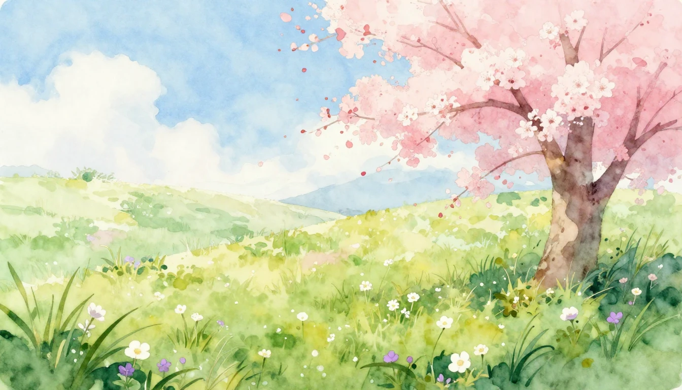 A beautiful watercolor painting of a lush meadow during earl...
