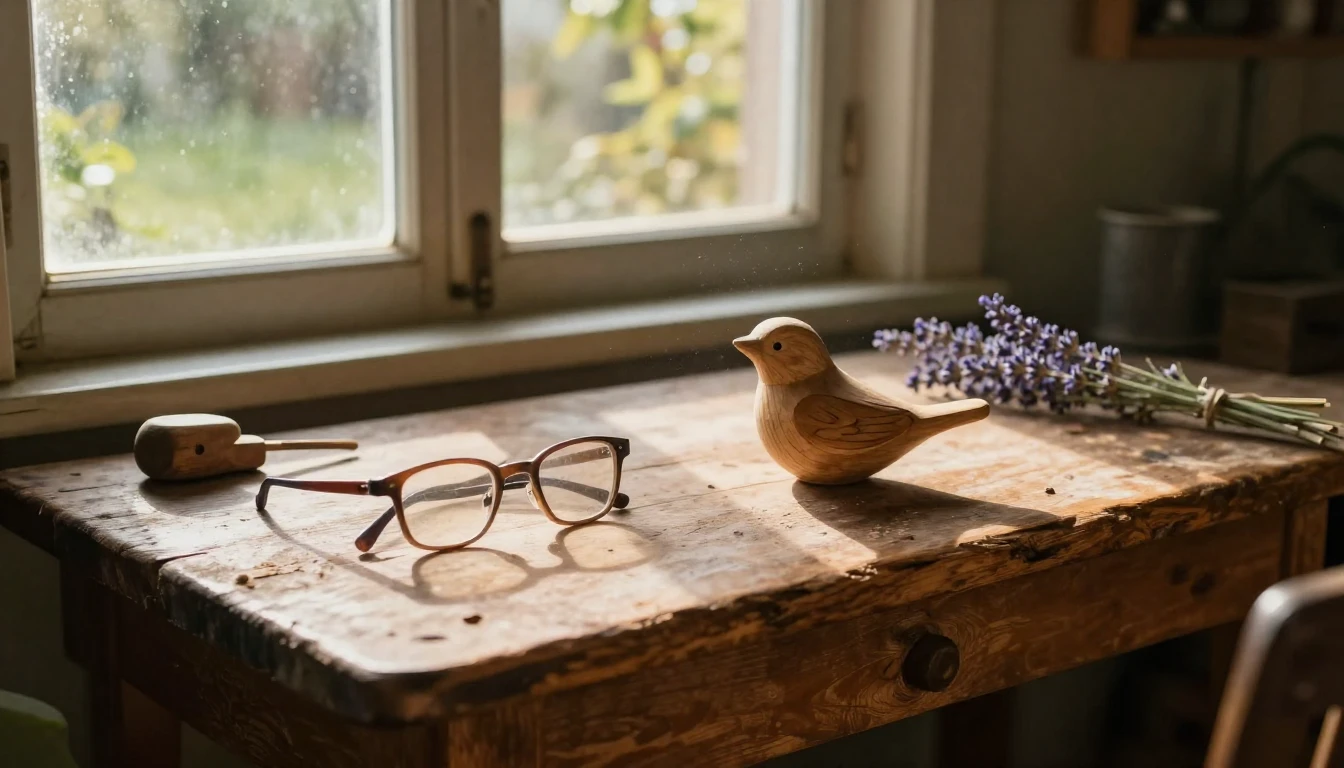A heartwarming scene depicting a weathered wooden workbench ...