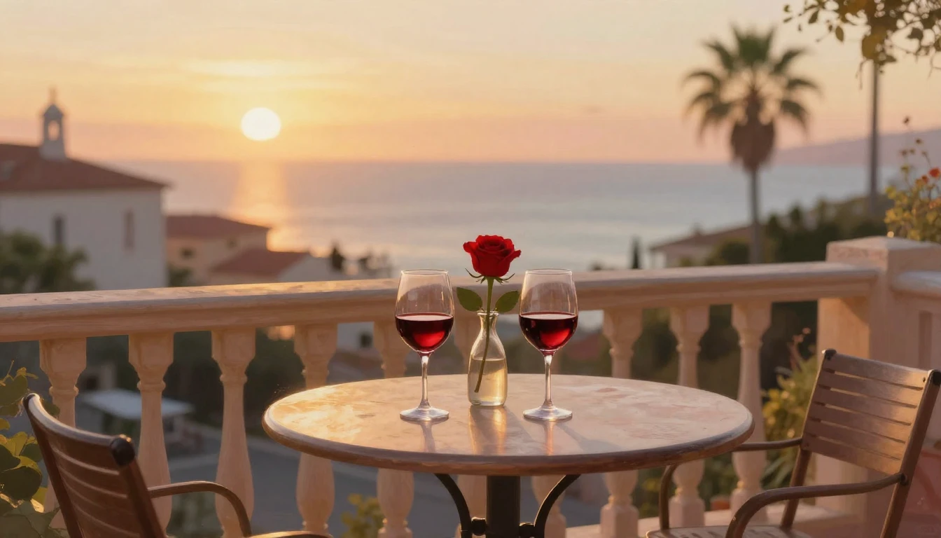A romantic, cozy balcony scene at sunset overlooking a seasi...