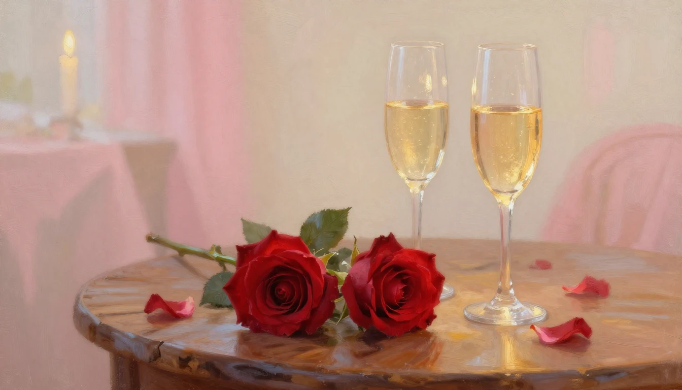 A soft and ethereal painting depicting two delicate red rose...