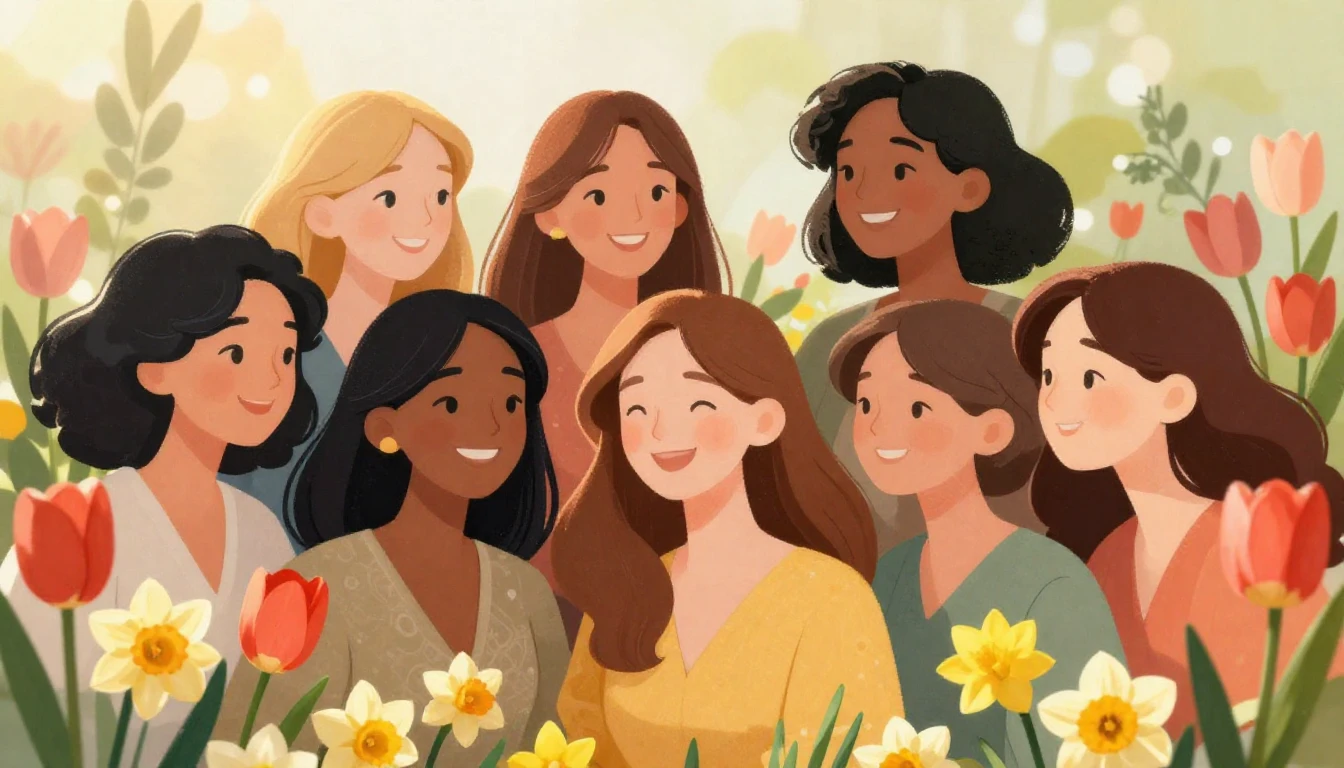 A beautiful, bright illustration celebrating women, featurin...