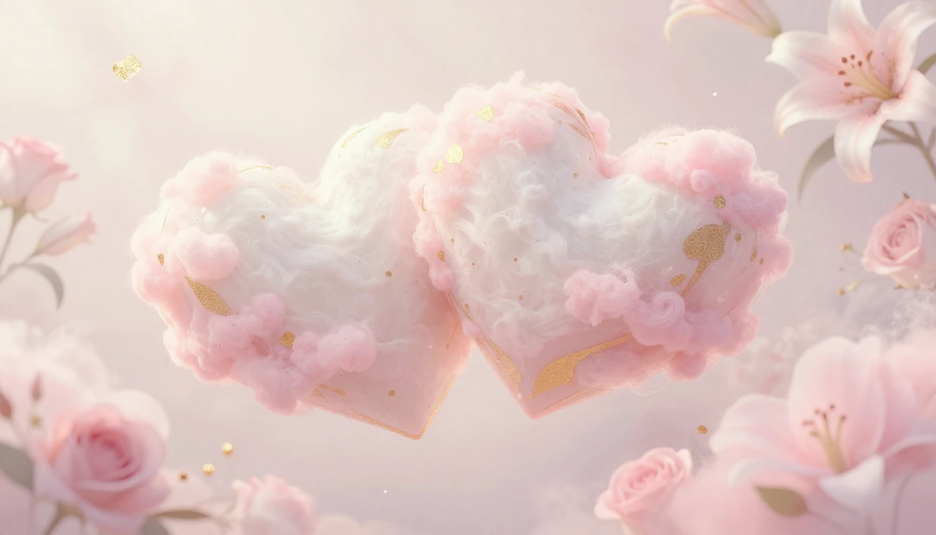 A delicate and ethereal scene featuring two stylized hearts ...
