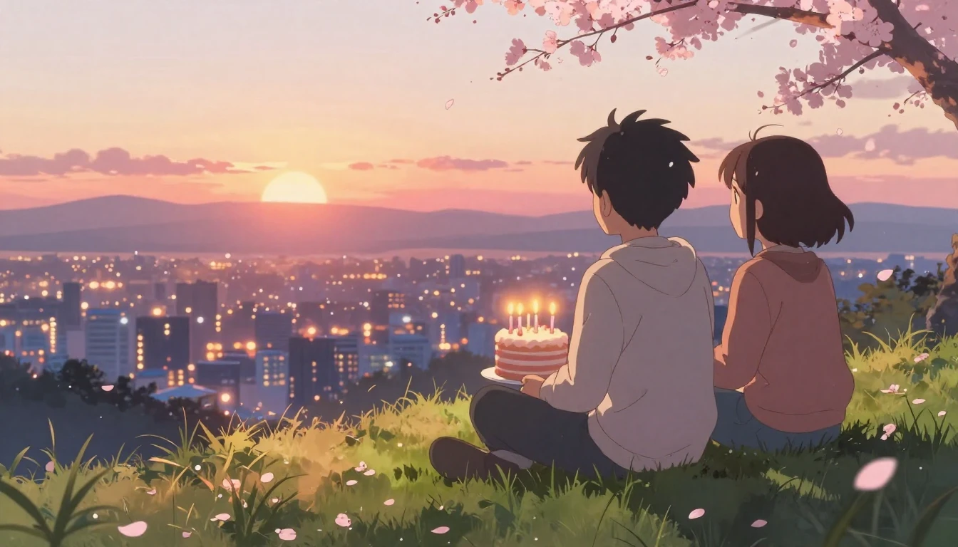 A heartwarming anime-style illustration of two friends sitti...