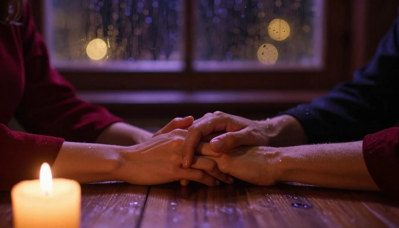 A cinematic close-up shot of two hands intertwining on a woo...