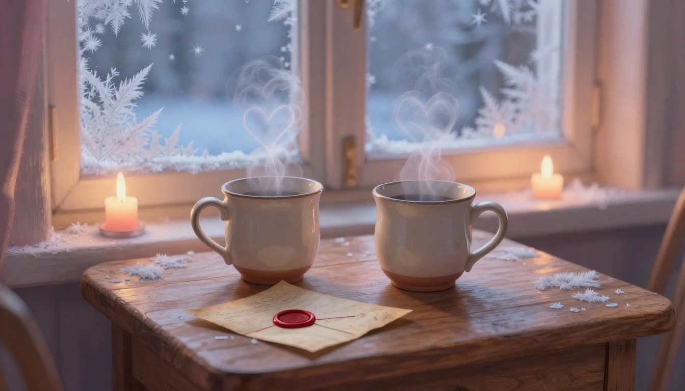 A romantic and cozy scene depicting a close-up of a small wo...