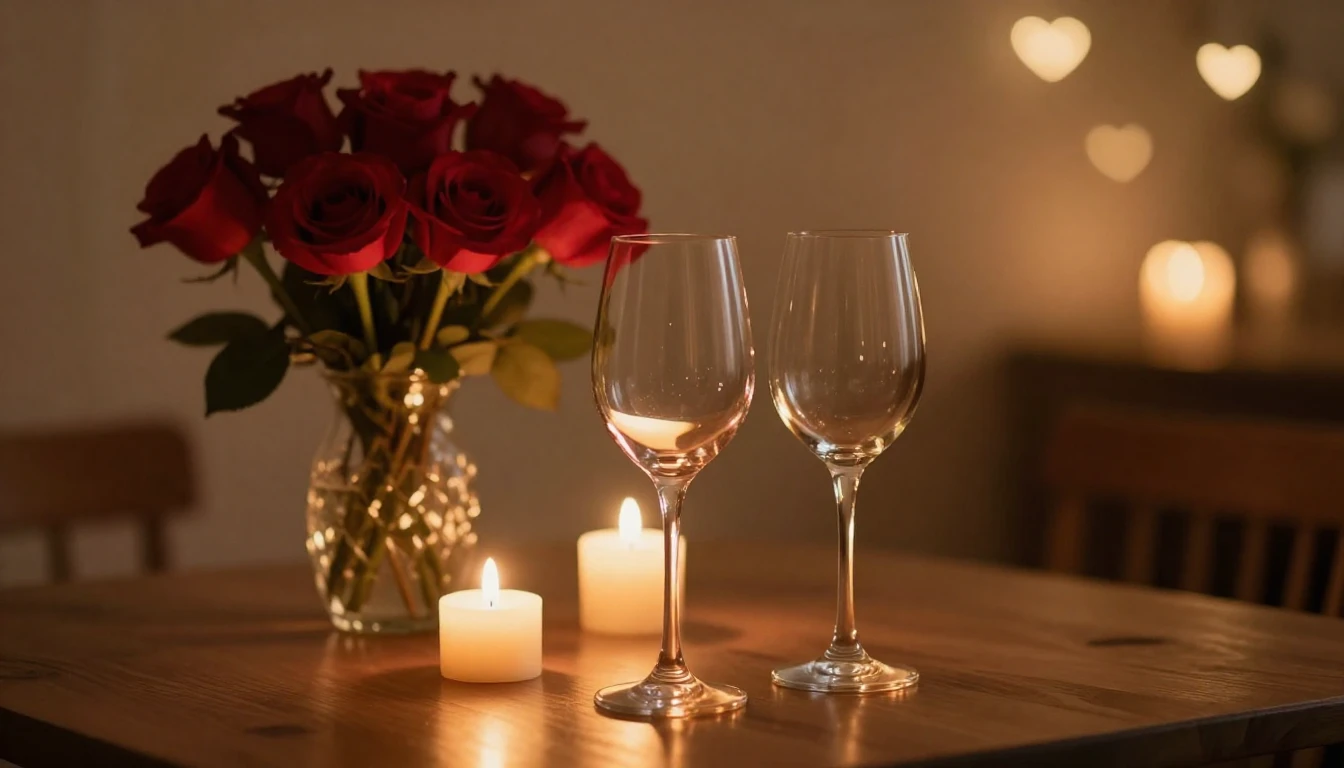 A serene and romantic scene featuring two elegant wine glass...