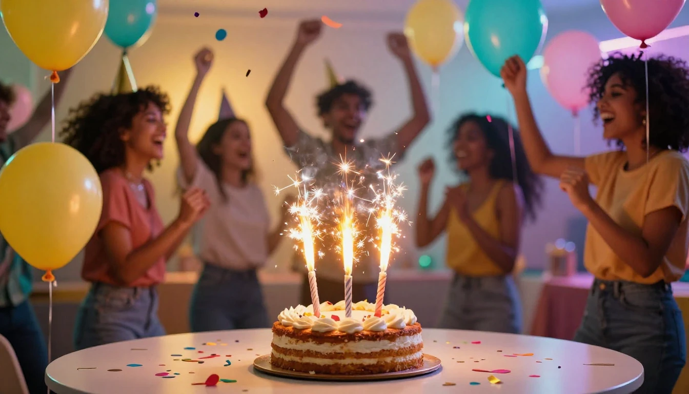 A vibrant and festive scene depicting a joyous birthday cele...