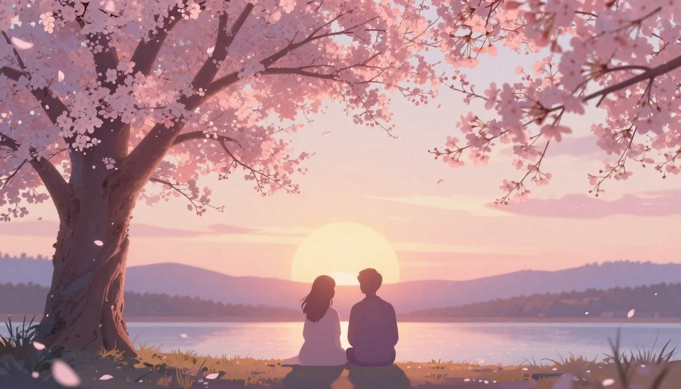 A romantic and ethereal scene featuring two stylized silhoue...