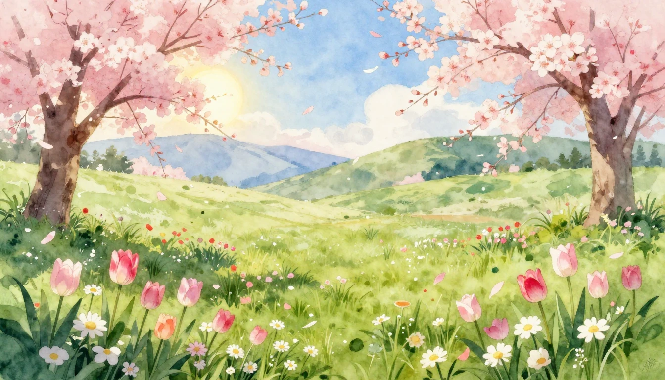 A vibrant watercolor painting of a lush spring meadow in ful...