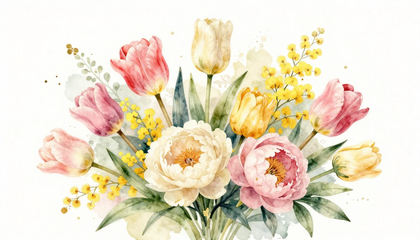 A beautiful watercolor painting of a lush bouquet of spring ...