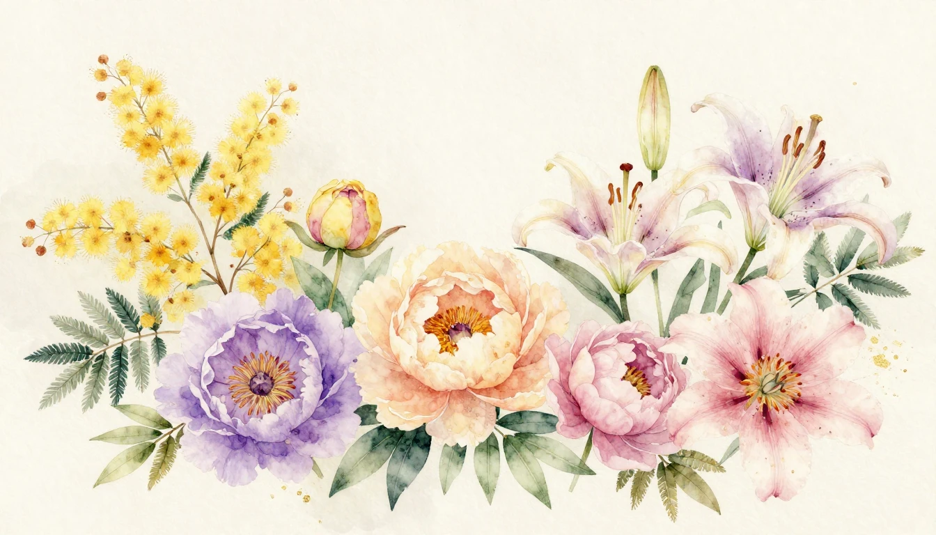 A beautiful watercolor painting of various blooming flowers ...
