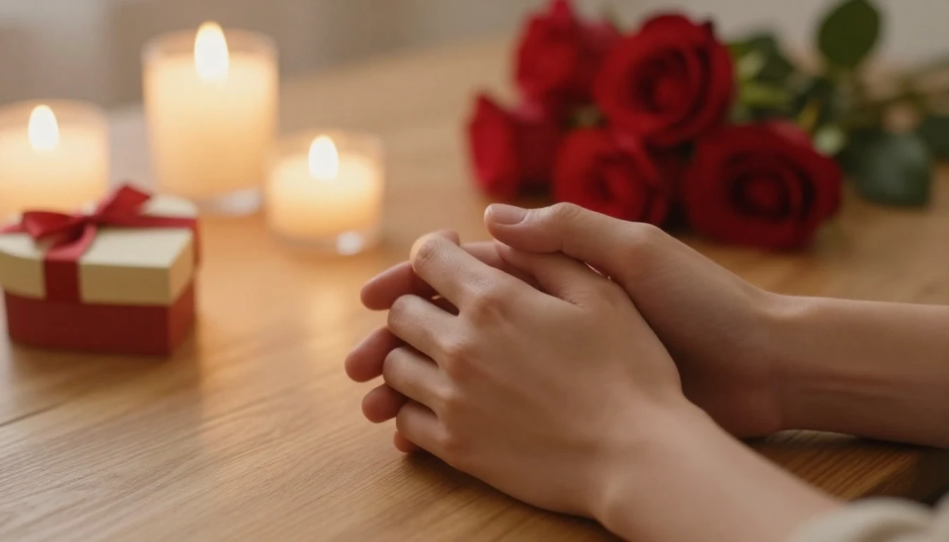 A warm and romantic scene featuring a close-up of two hands ...