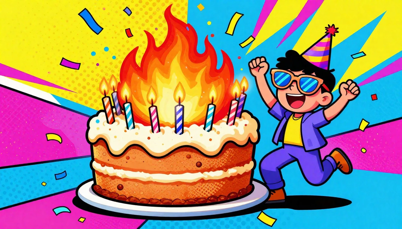 A vibrant and humorous pop art illustration of a birthday pa...