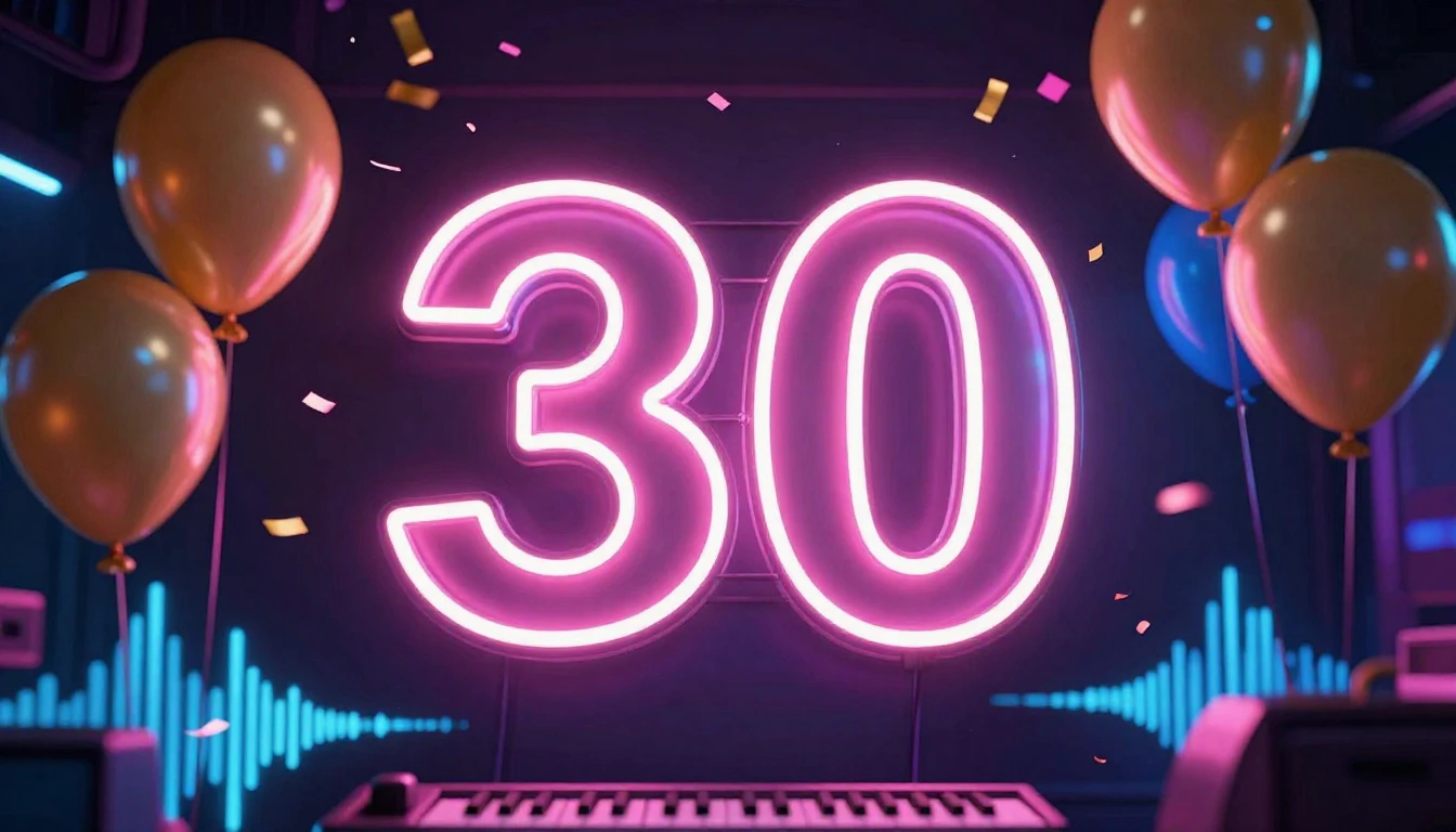 A vibrant and celebratory image featuring a large, glowing n...