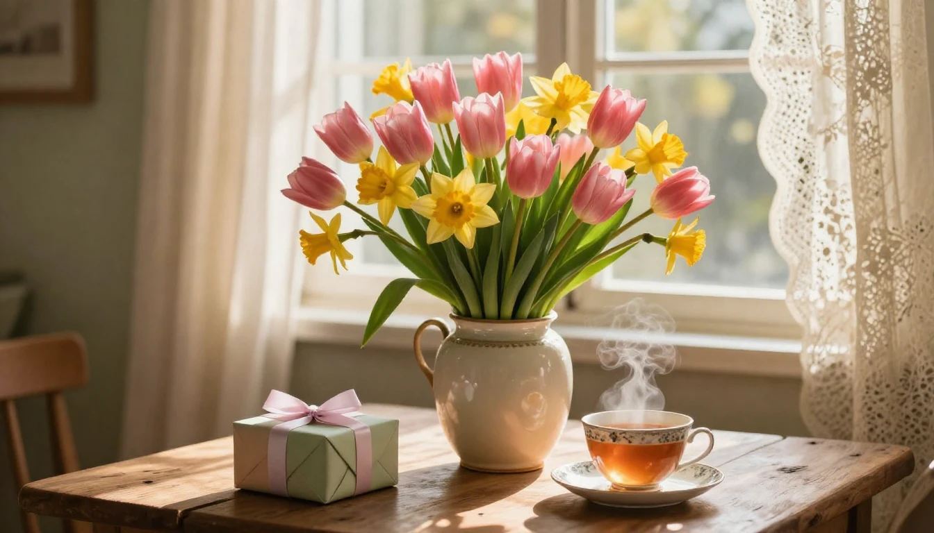 A beautiful, cozy still life scene featuring a large, vibran...