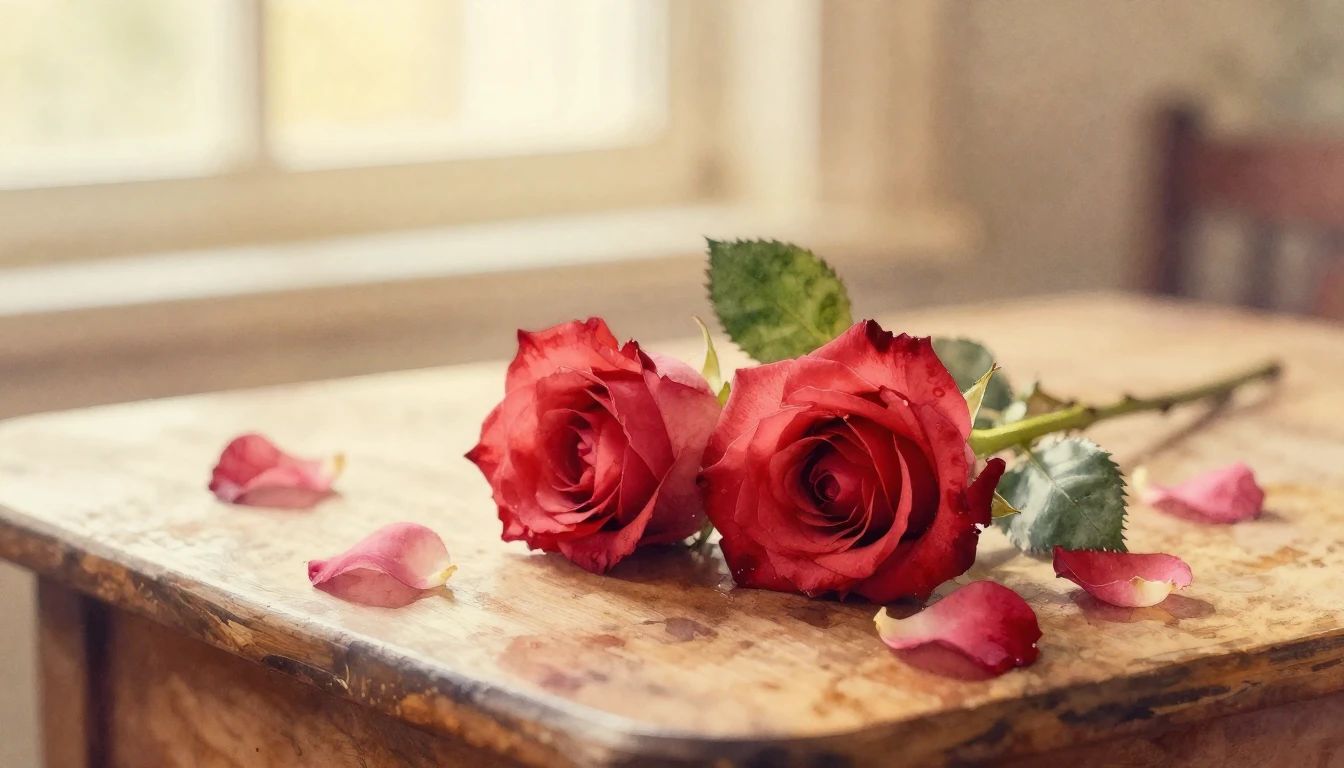 A delicate watercolor painting of two intertwined red roses ...