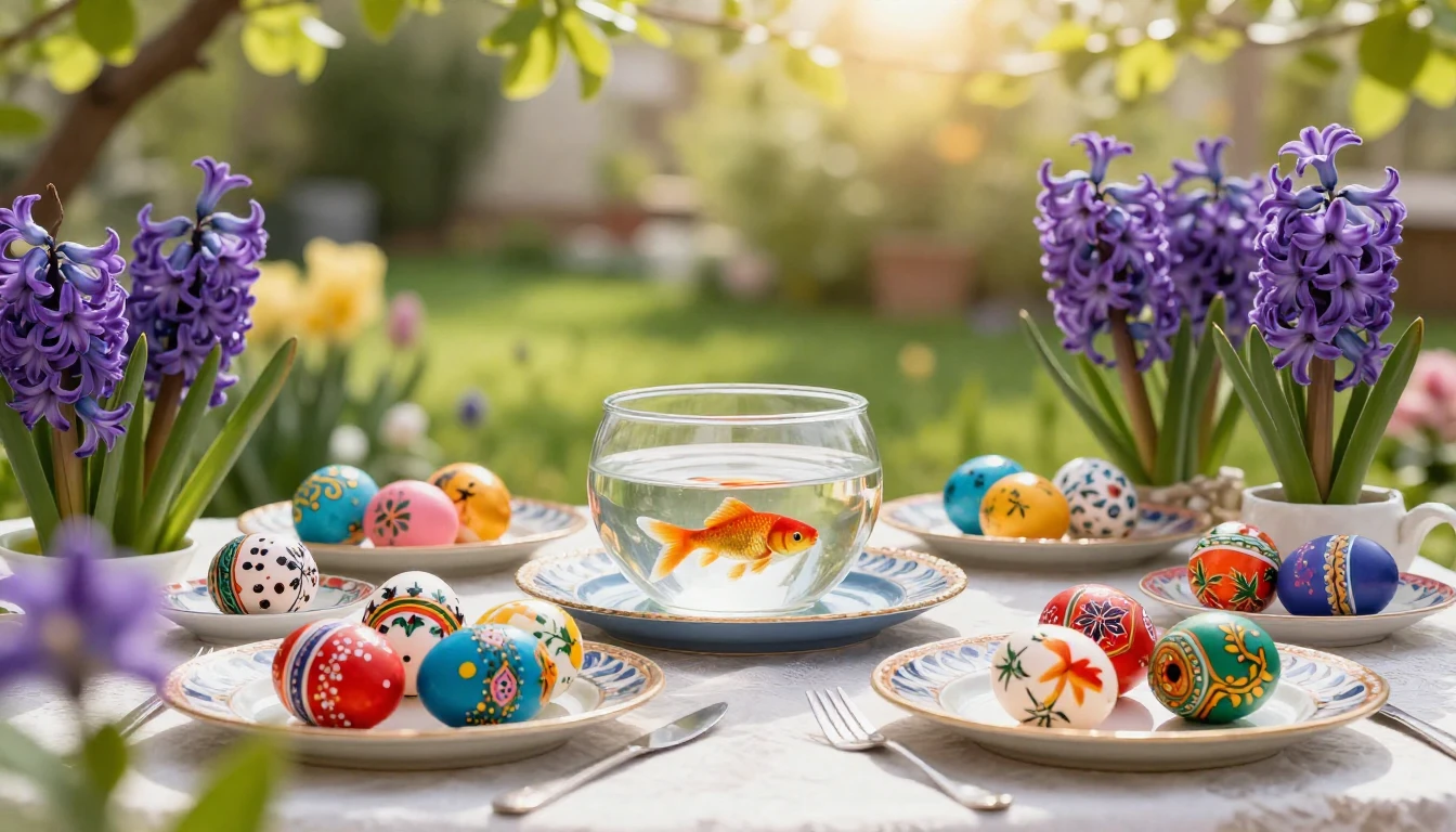 A beautiful traditional Haft-Sin table set in a lush bloomin...