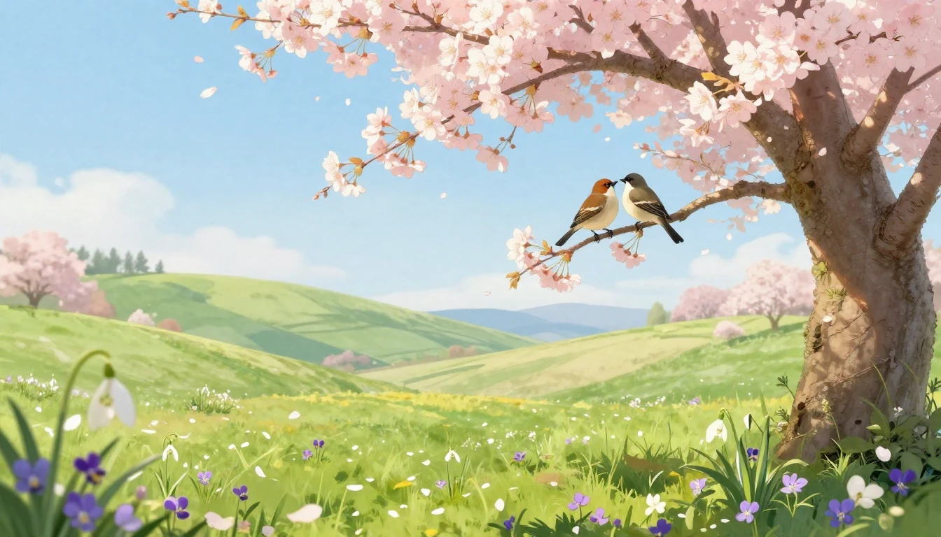 A beautiful spring landscape in the countryside. Two small b...