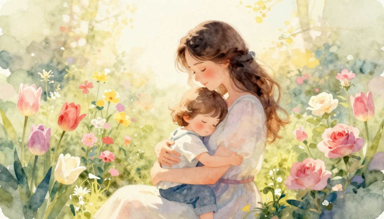 A heartwarming watercolor painting illustration of a mother ...