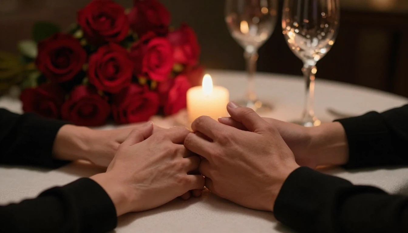 A cinematic close-up shot of two hands gently intertwined on...