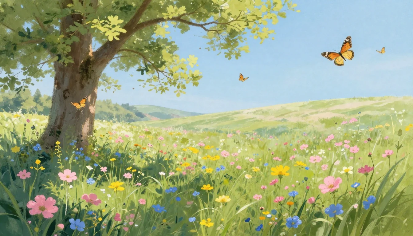 A lush meadow filled with blooming wildflowers in shades of ...