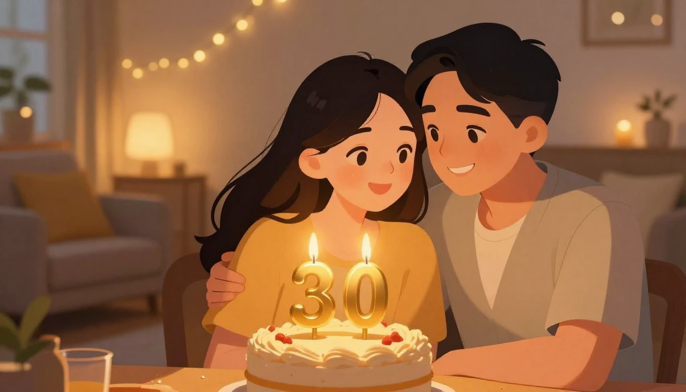 A warm and romantic close-up illustration of a couple celebr...