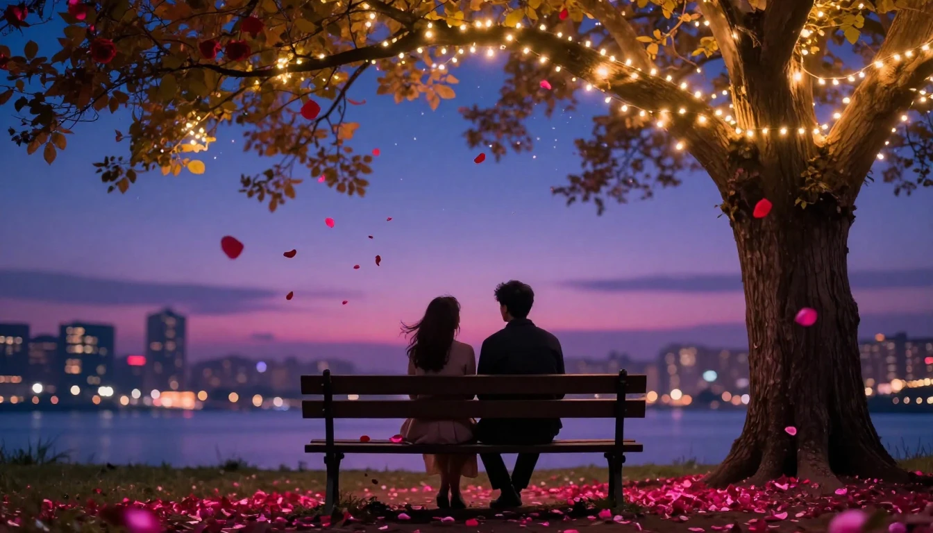 A cinematic, romantic scene at twilight featuring a silhouet...