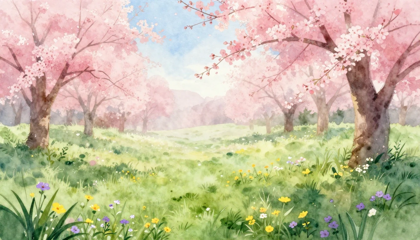 A breathtaking watercolor painting of a lush meadow at dawn....