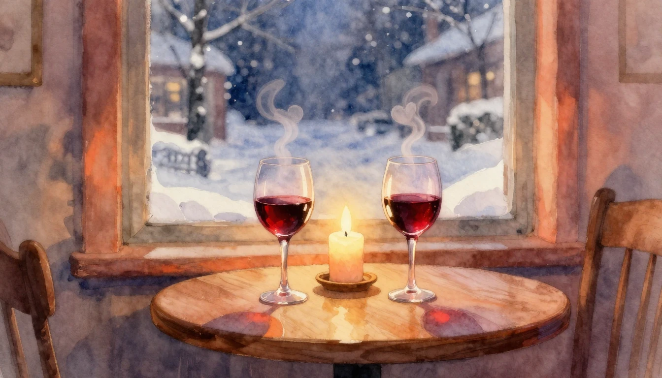 A romantic and cozy indoor scene depicted in soft watercolor...