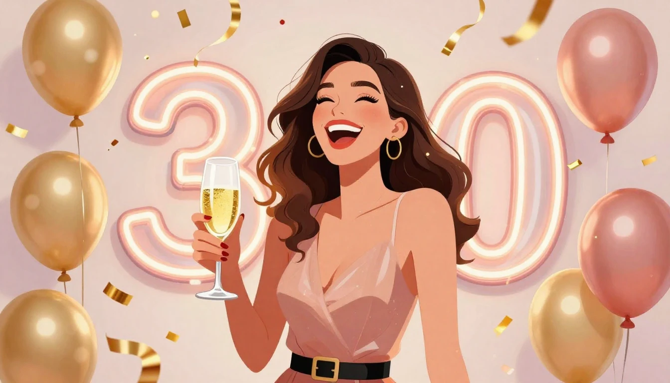 A vibrant and joyful illustration celebrating a 30th birthda...