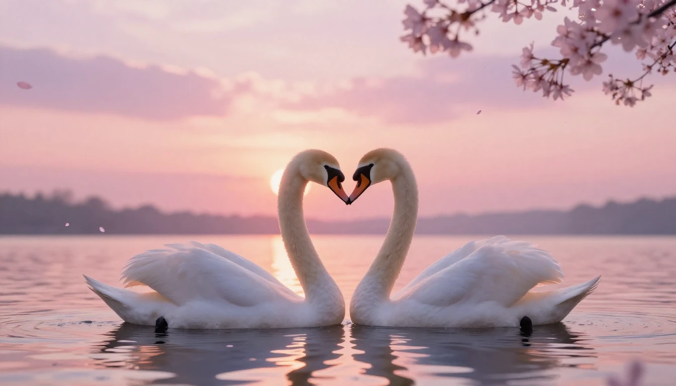 A dreamy and ethereal scene featuring two delicate swans for...