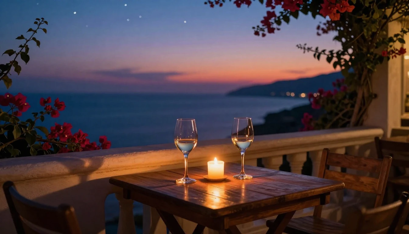 A cozy, dimly lit balcony overlooking a Mediterranean coastl...