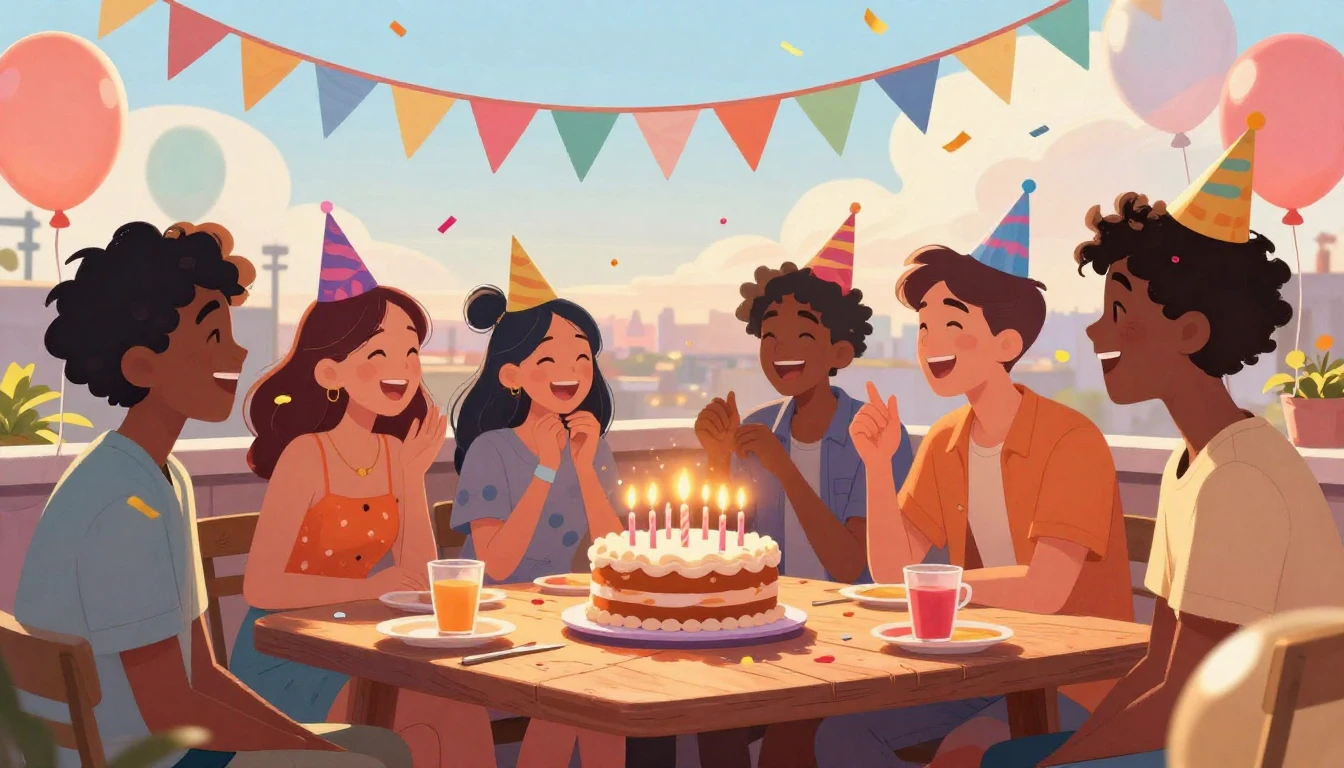 A vibrant digital art illustration depicting a joyous birthd...