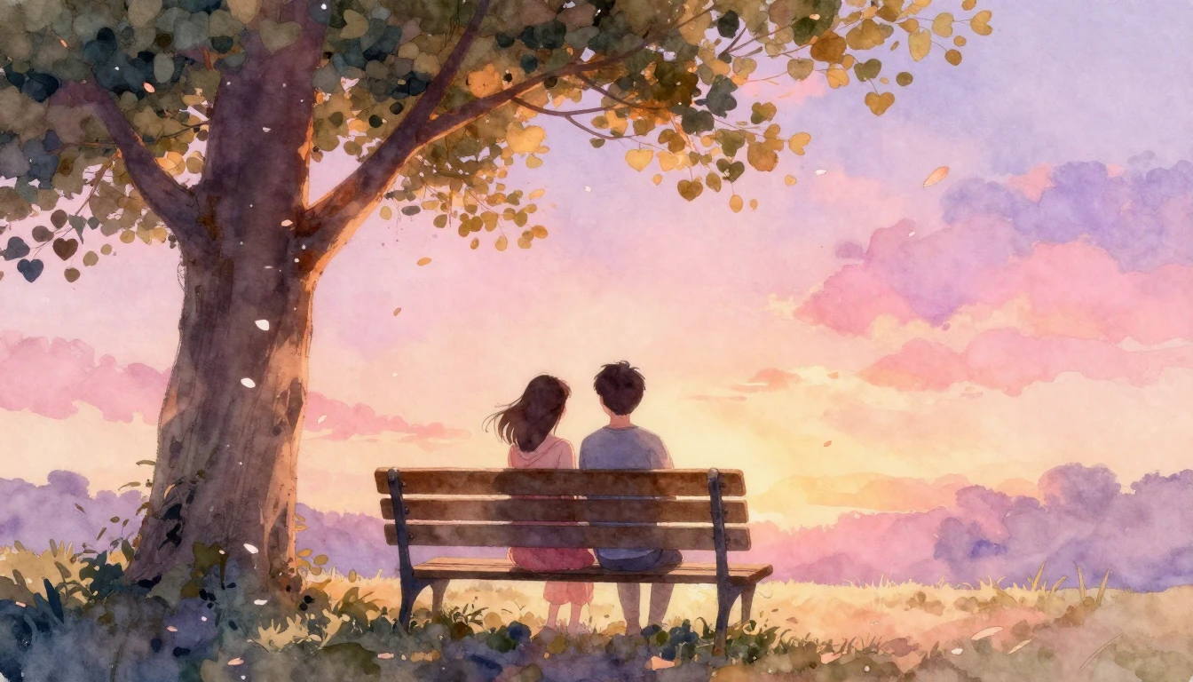 A romantic watercolor painting featuring a couple sitting cl...