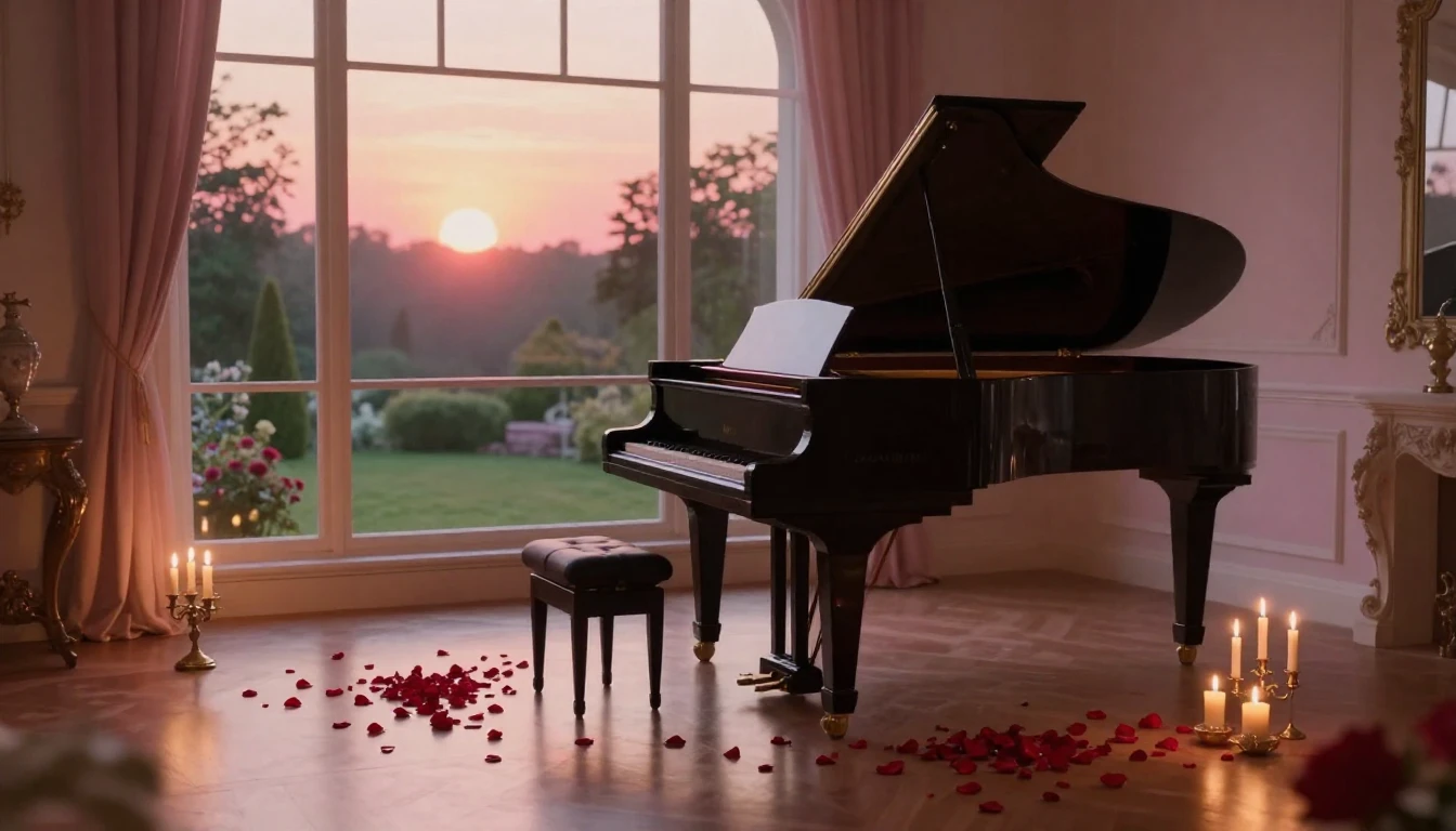 A breathtaking scene of a quiet, elegant room at dusk. A gra...