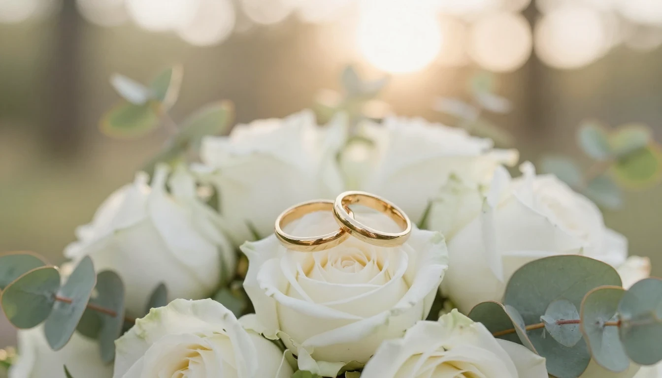 Close-up of two golden wedding rings intertwined on a soft b...