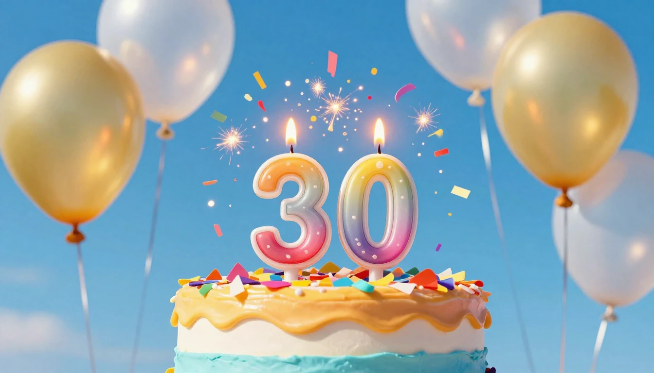 A vibrant and colorful birthday cake with the number 30 as c...