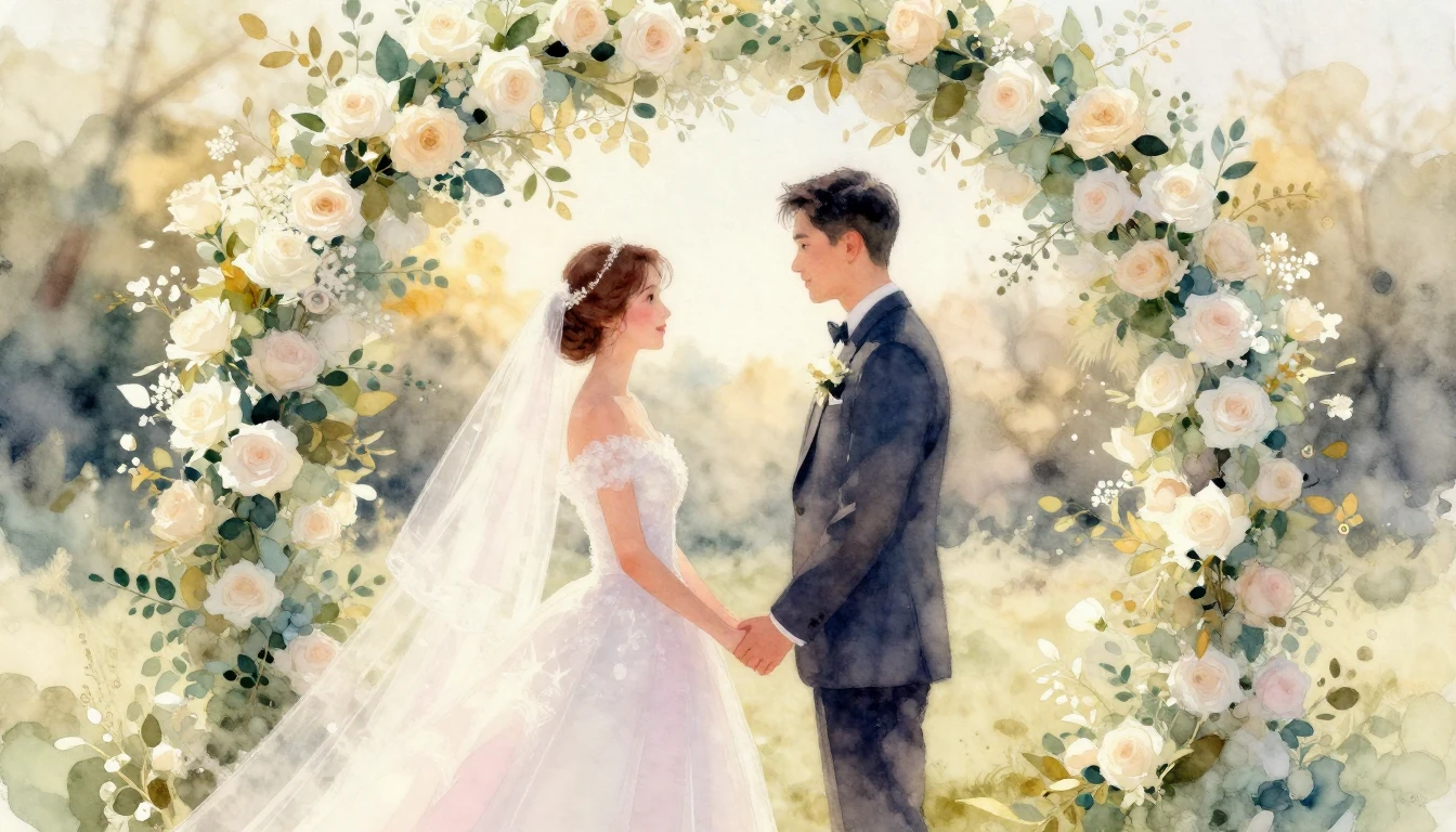 Soft and dreamy watercolor painting of a bride and groom hol...