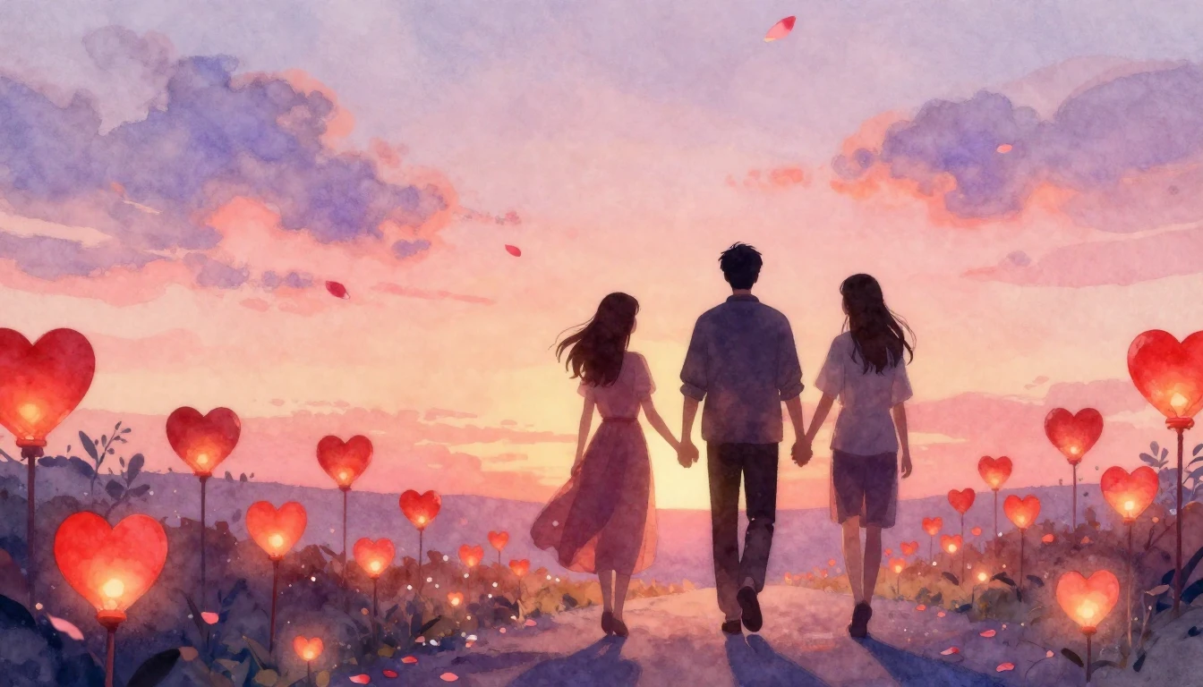 A romantic watercolor painting showing two silhouettes holdi...