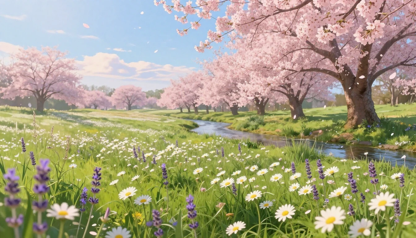 A serene spring landscape featuring a lush green meadow fill...