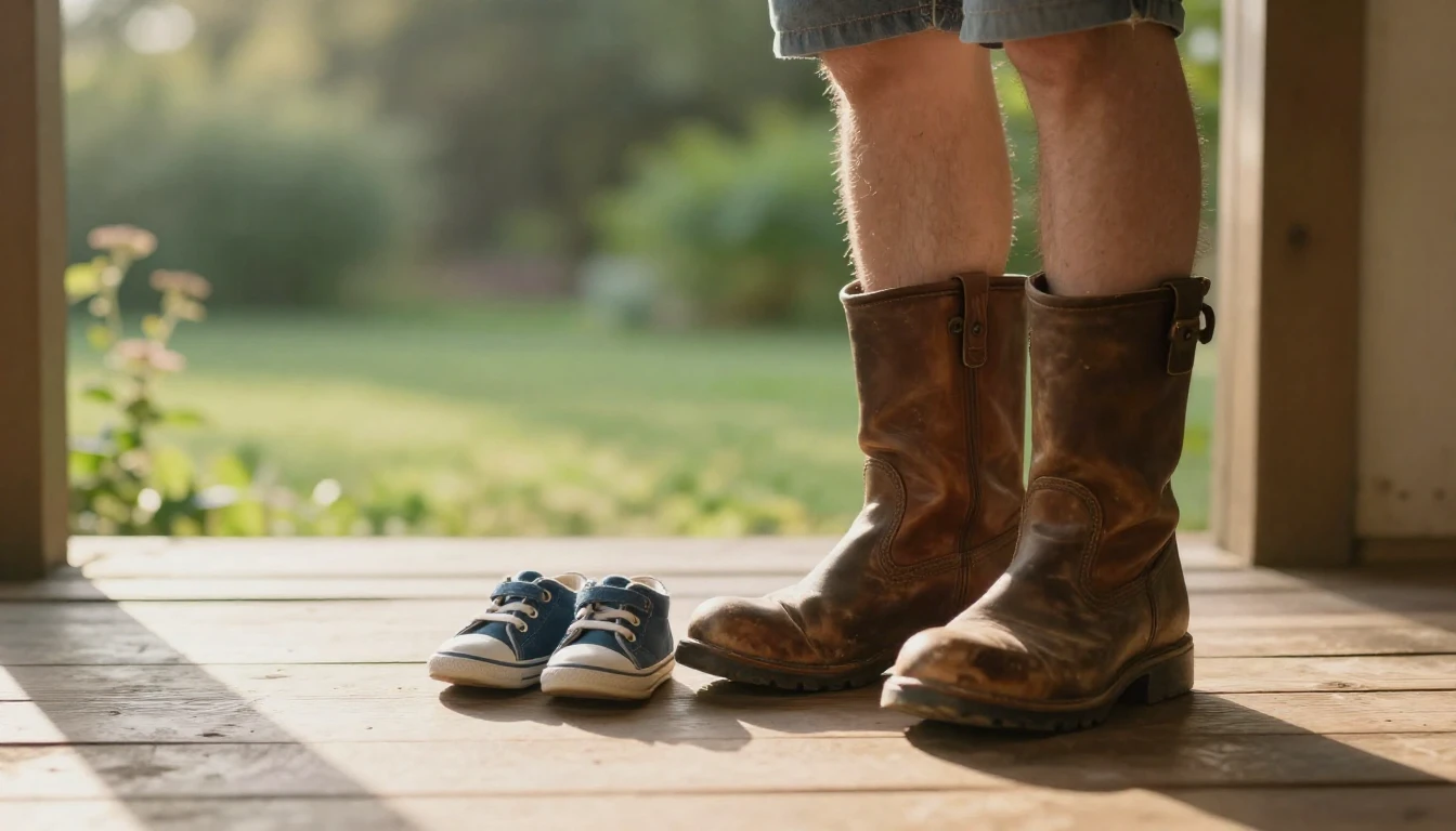 A heartwarming scene of a large pair of worn leather boots s...