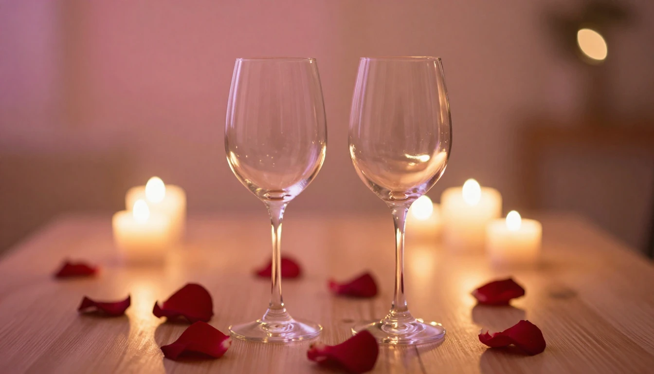 A soft and dreamy scene featuring two elegant wine glasses o...