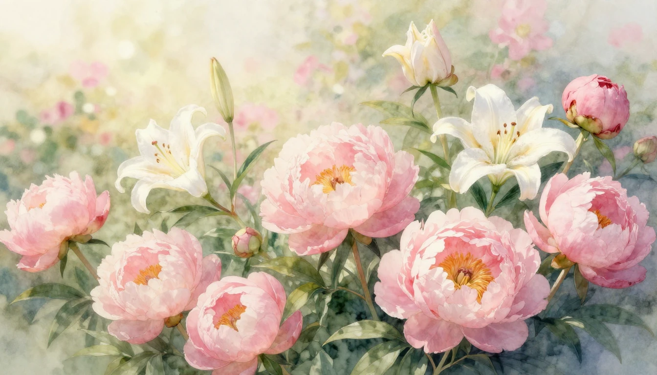 A beautiful watercolor painting of a blooming garden filled ...
