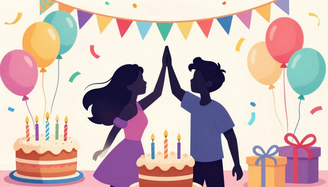 A vibrant and colorful digital illustration of a birthday pa...