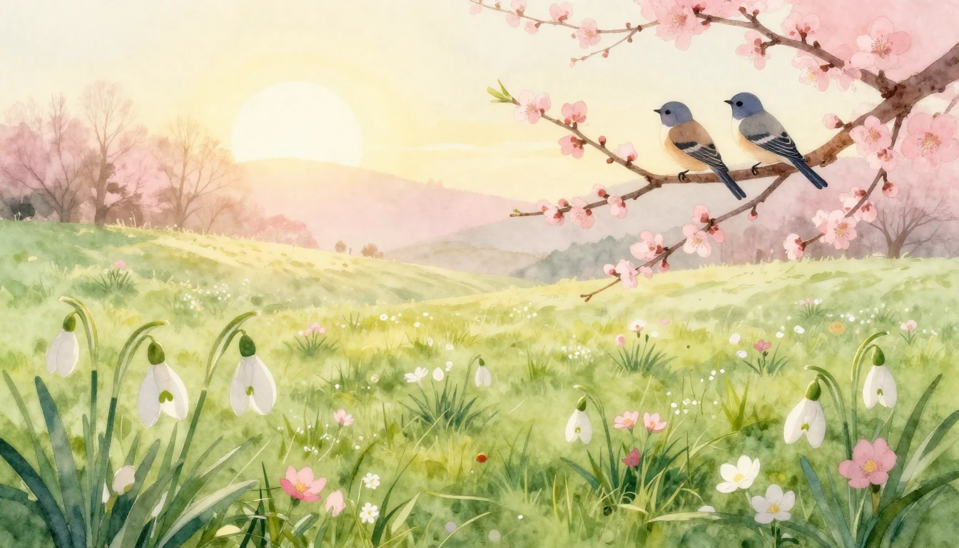 A beautiful watercolor painting of a lush spring meadow at s...