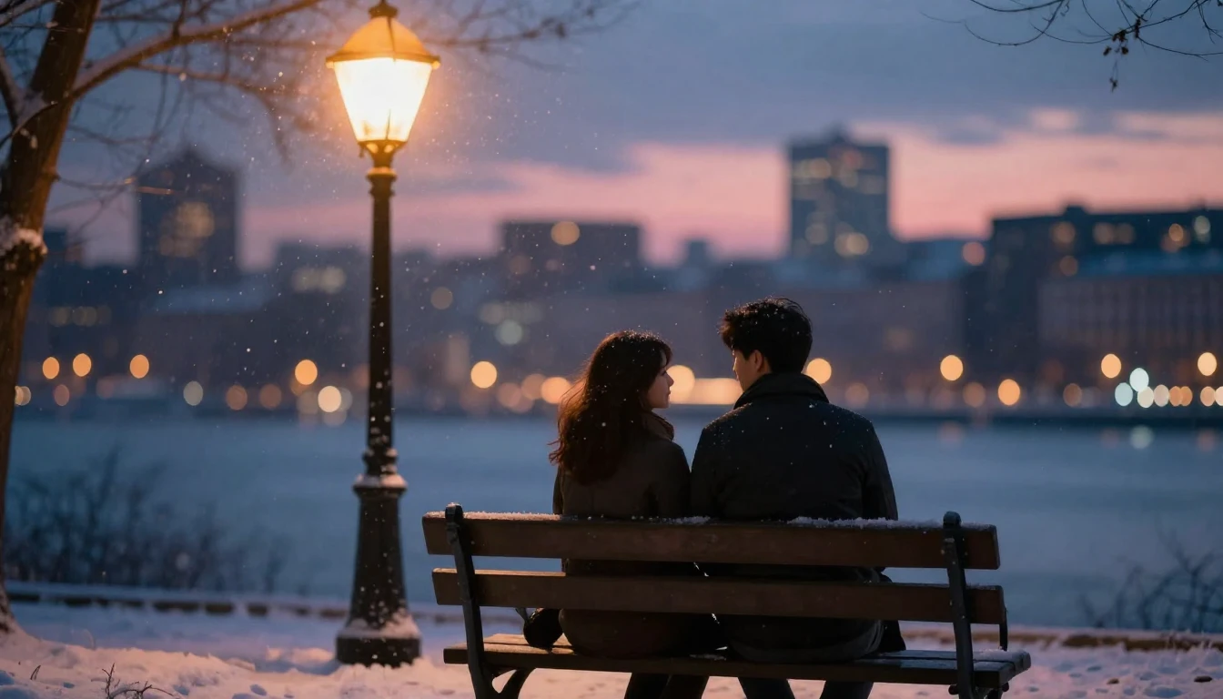 A romantic, soft composition showing two silhouettes sitting...