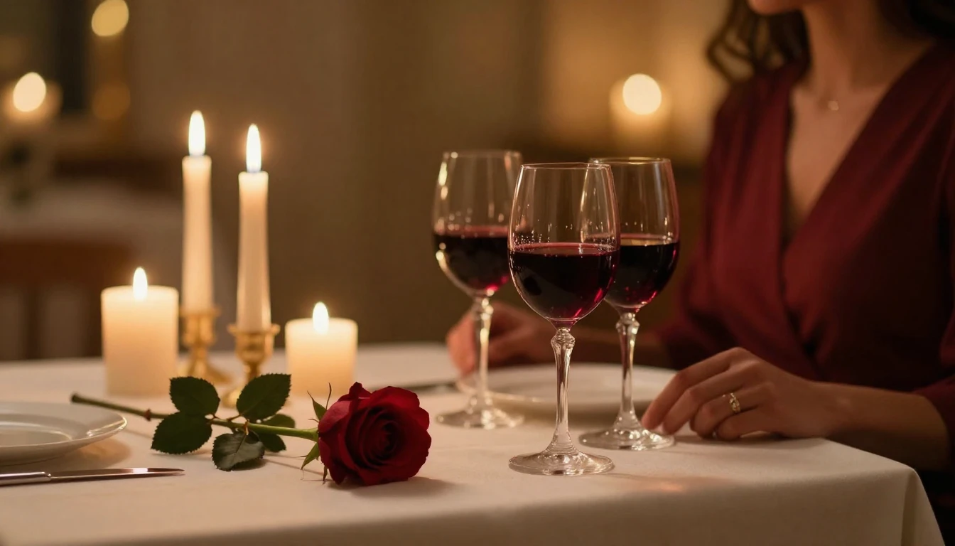 A high-end cinematic shot of a romantic dinner table set for...